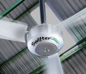 High volume, low speed industrial ceiling fans can seamlessly switch between solar power and grid power.
